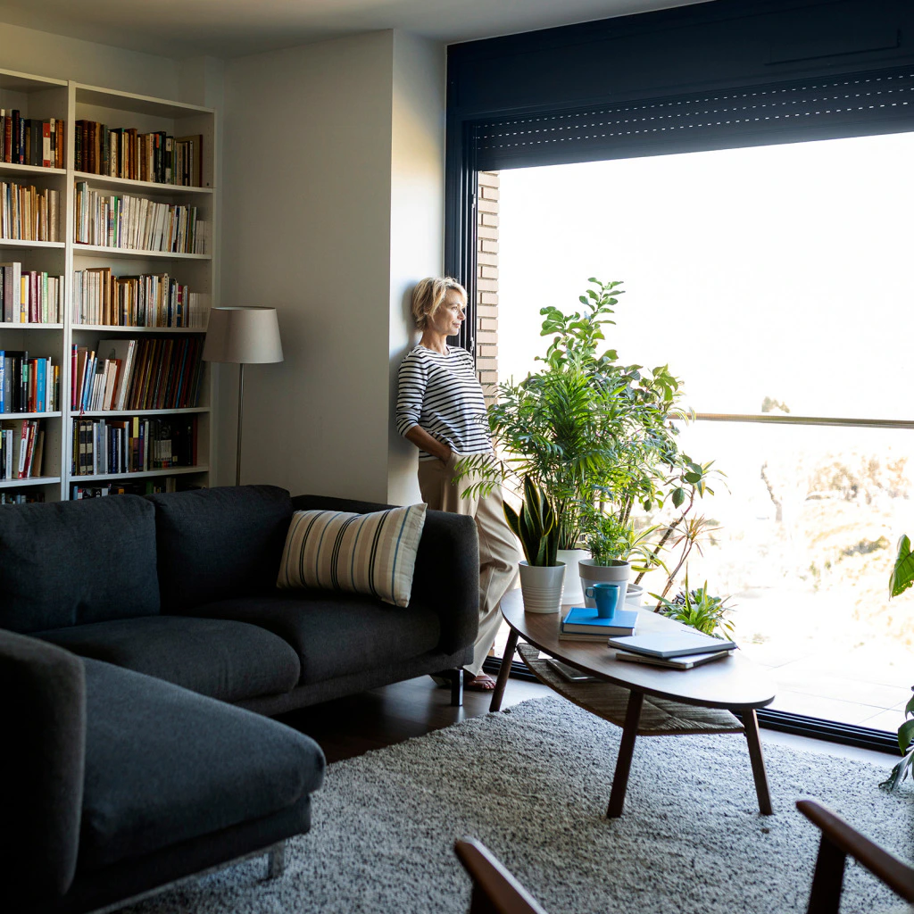 "Woman standing by a large window in a modern living room filled with natural light, surrounded by indoor plants, bookshelves, and cozy furniture.