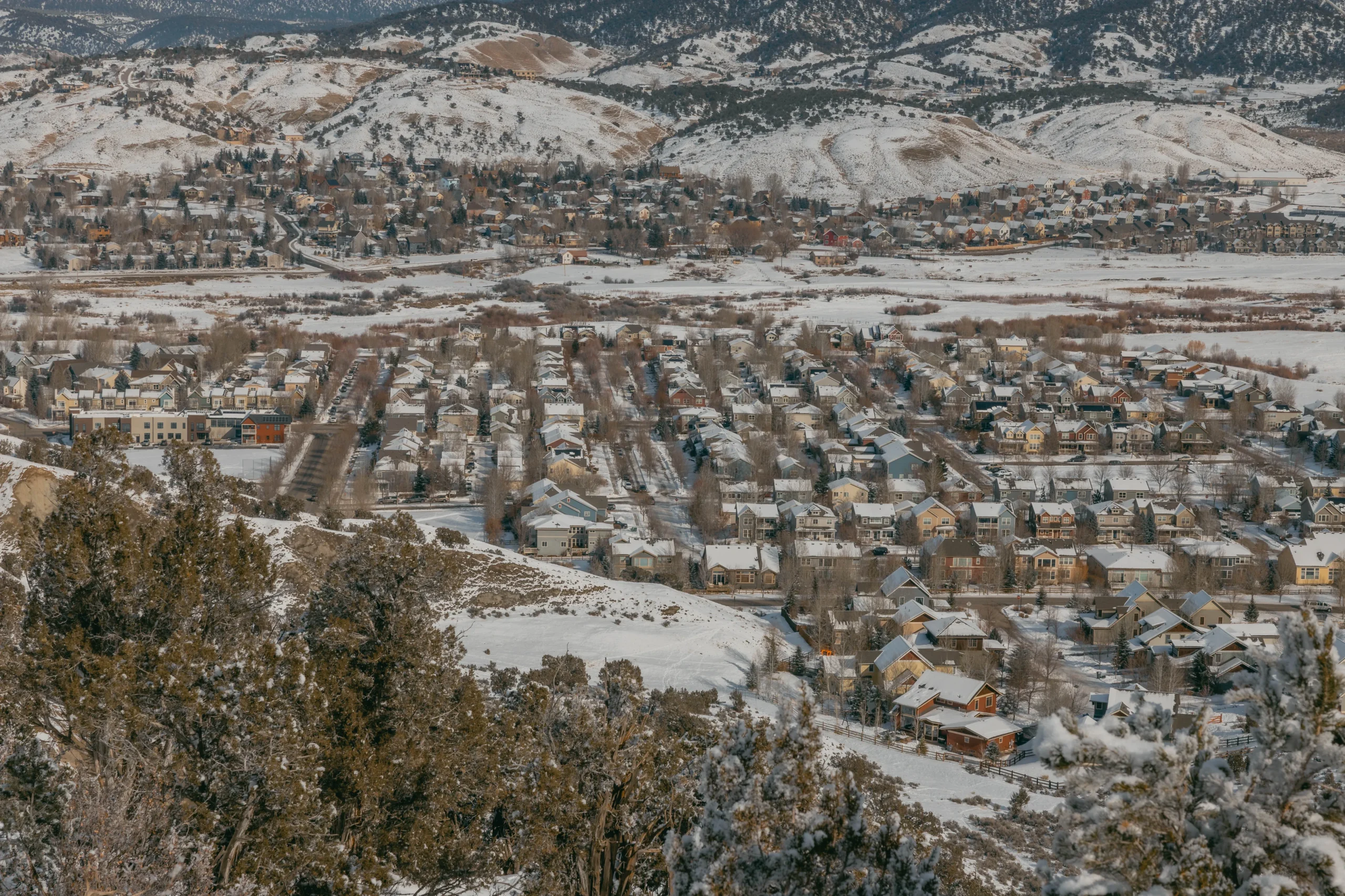 Aerial shot of Eagle, CO in the winter
